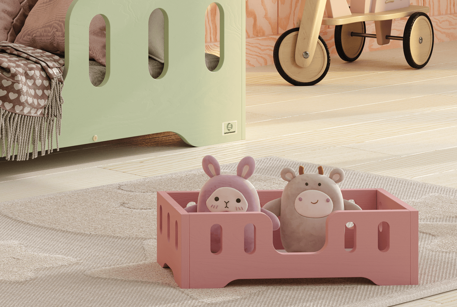 Holzpuppenbett mit länglichen Aussparungen in den Schutzgittern aus Kiefernsperrholz in Rosa